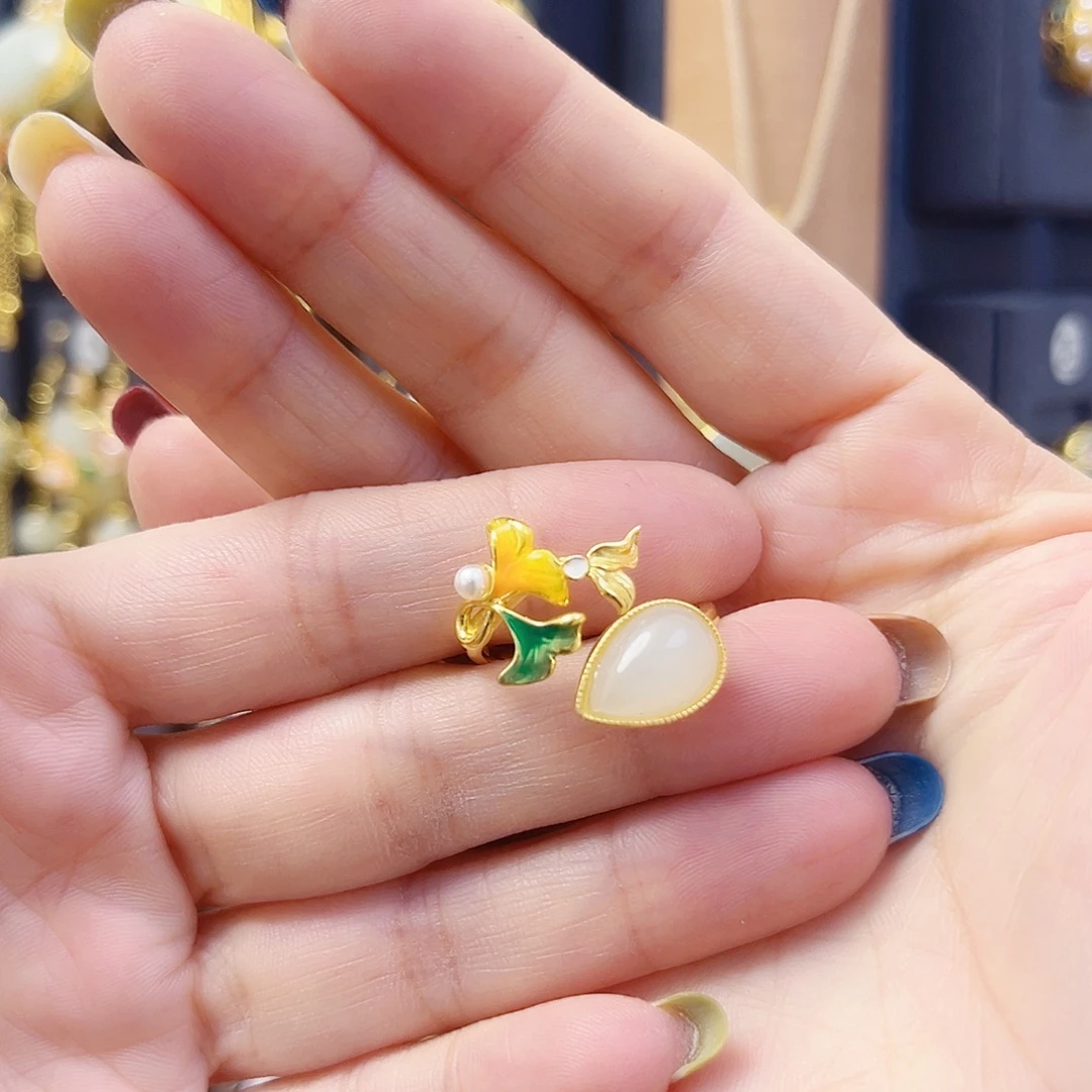 和田玉银S925镀金镶嵌戒指