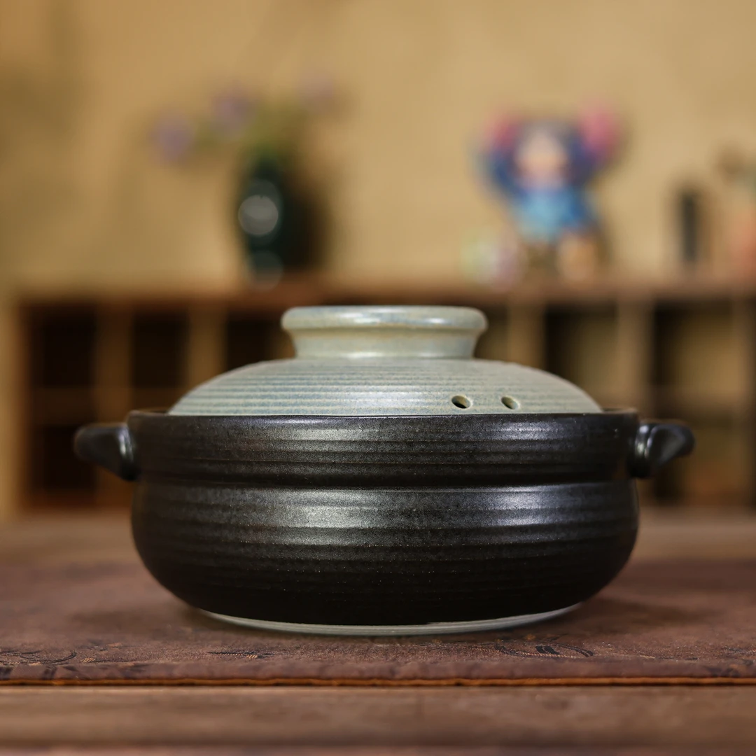 玄黑釉双耳小土锅0.88L,带防烫手套垫（灰念0633）茶道