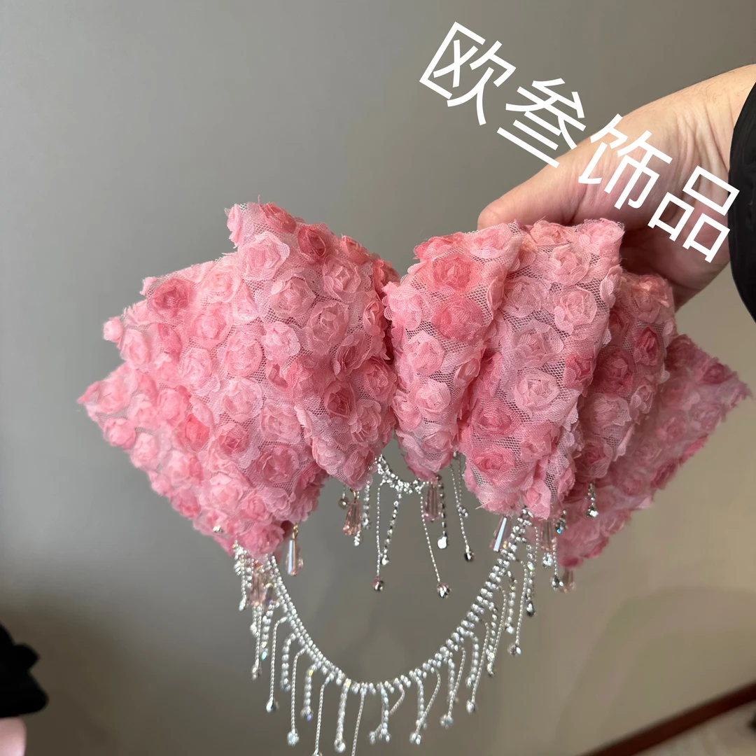 th1004粉色蕾丝玫瑰花大版蝴蝶结发夹顶夹弹簧夹发饰
