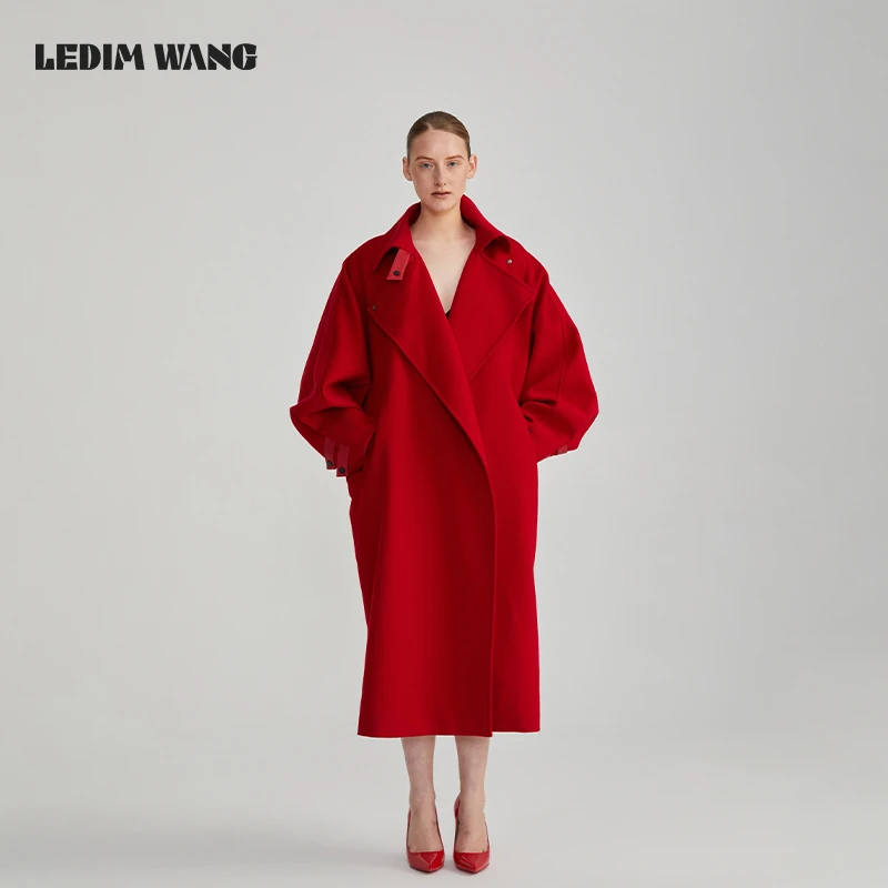 LEDIM WANG绵羊毛蝙蝠袖毛呢外套女2024冬季新款氛围感宽松版大衣