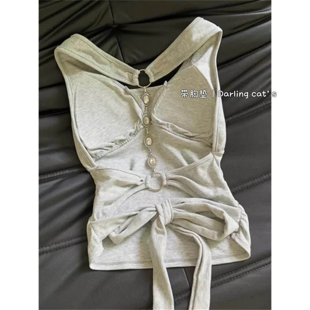 大脸喵 灰色辣妹带胸垫挂脖吊带背心女设计感后背绑带性感露背