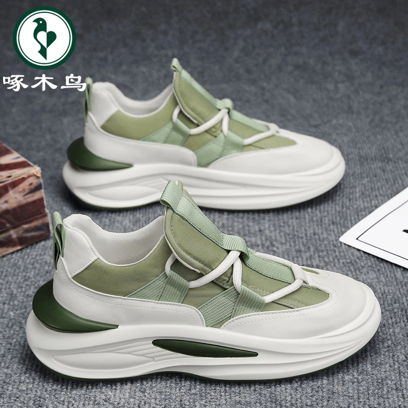 【正品】啄木鸟男鞋新款透气厚底老爹鞋男士运动板鞋百搭休闲帆布鞋