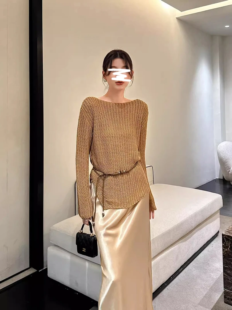 法式气质慵懒风套装镂空长袖针织衫女装秋季新款缎面半身裙两件套