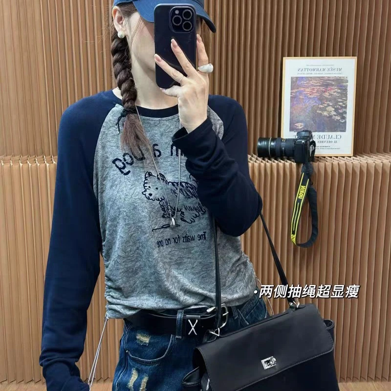 秋季新款高腰复古磨破宽松阔腿牛仔裤女时尚休闲