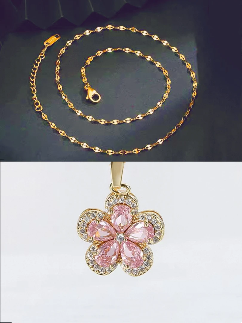 钛钢项链 2507钛钢高级感满锆粉色五花锁骨项链（长45）