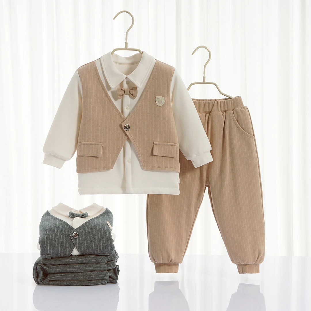 婴儿宝宝英伦风春秋款夹棉西装周岁衣服男宝帅礼服马甲绅士两件套