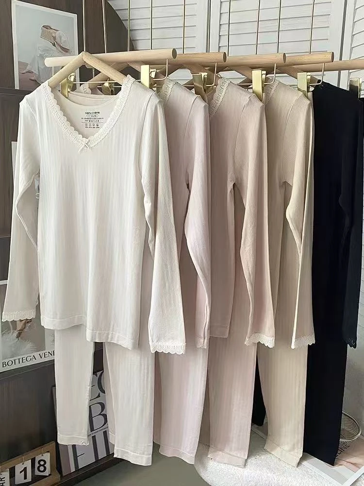 【慧慧精选】冬季新品 ～万人迷～v领蕾丝花边贴身美体秋衣套装
