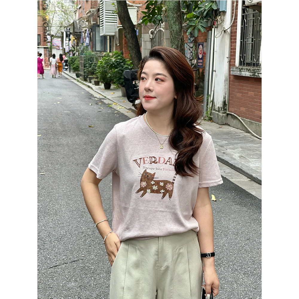 WenWen小个子猫咪刺绣字母韩版设计感短袖T恤百搭上衣夏3821版