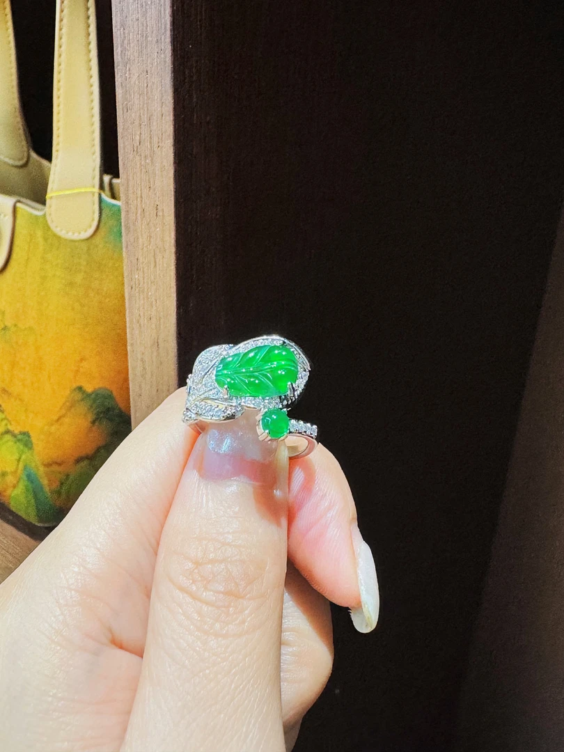 豪奢翠珠宝翡翠天然A货满绿树叶戒指01