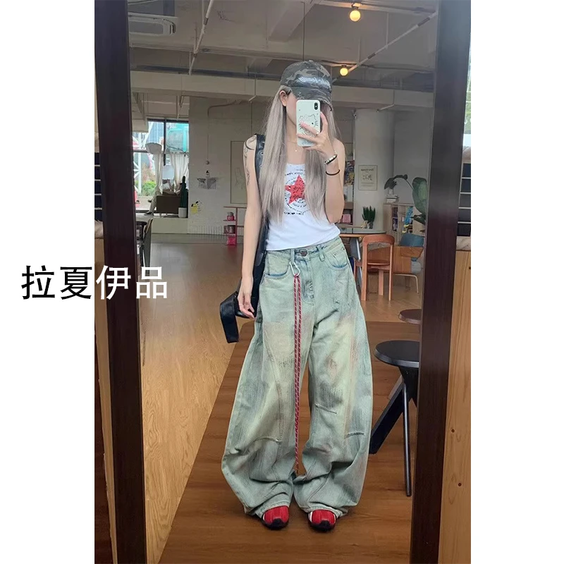 【送挂绳】大码美式复古做旧脏染弯刀牛仔裤女早秋新款宽松显瘦阔腿