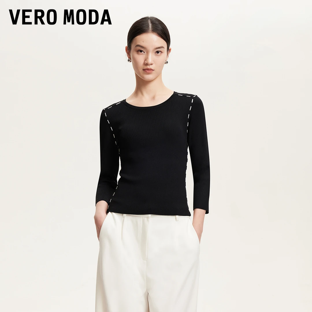 Vero Moda针织衫2025春季新款撞色饰边修身五分袖针织衫325124051