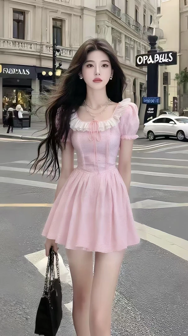 轻奢时尚高端气质粉色方领短袖收腰连衣裙女优雅温婉设计感公主裙