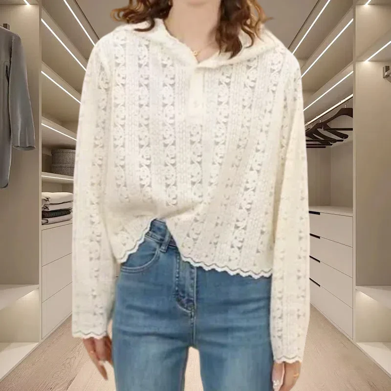 蕾丝连帽镂空打底衫女2025春季新款气质减龄帽衫百搭短款长袖上衣