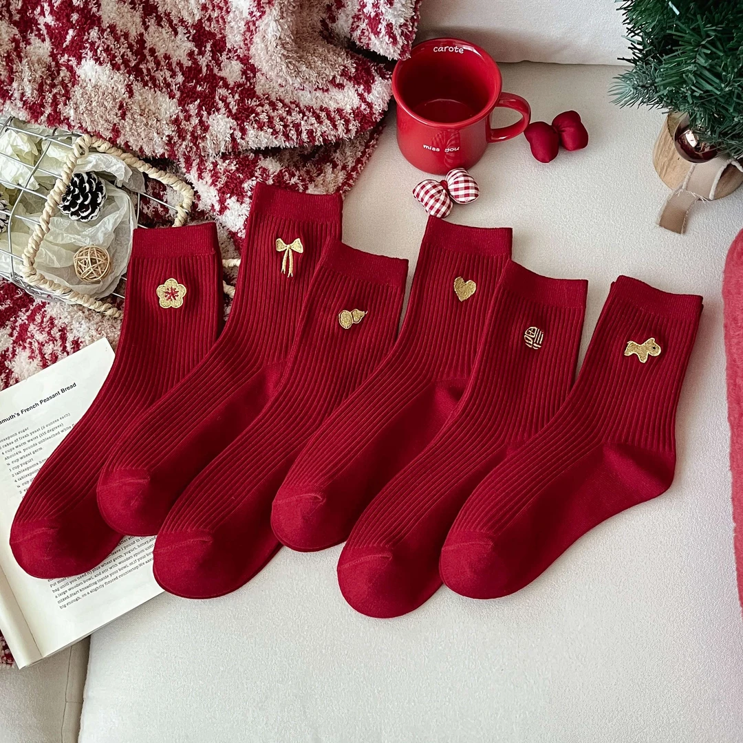 竖条暗红色袜子女结婚喜庆本命年刺绣棉新年中筒袜