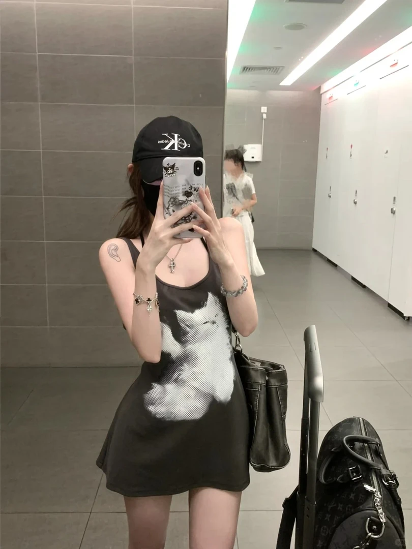 【拉斐尔的猫】纯欲大领口绑带两穿吊带背心裙猫咪印花上衣