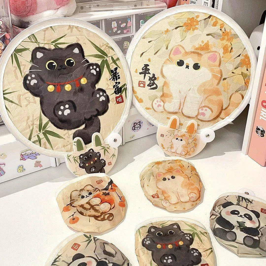 卡通自拍反光板便携式国风猫折叠团扇可爱学生小扇子古风熊猫圆扇