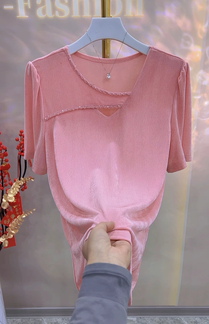 2025年不规则领串珠重工短袖8036气质显瘦百搭夏季女士大码