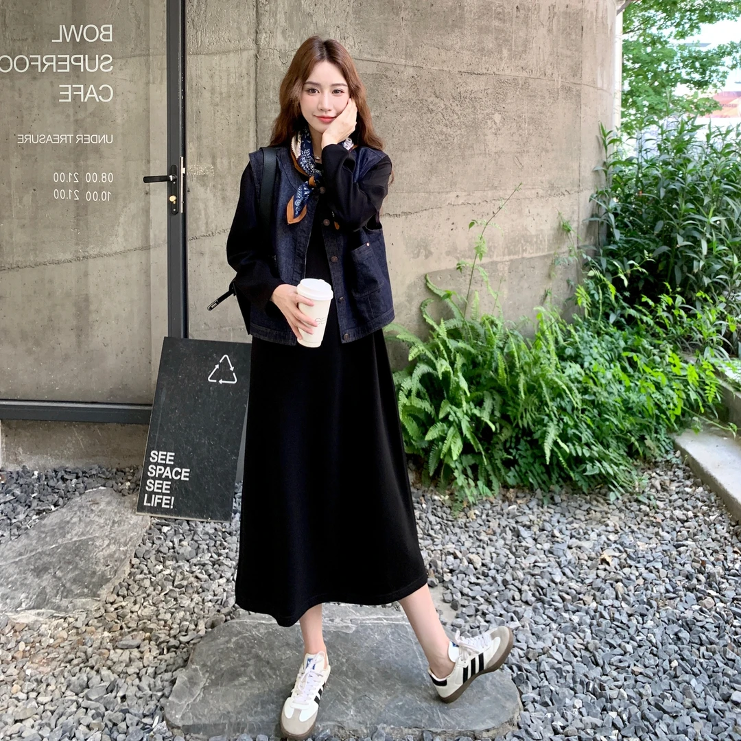 韩系文艺范减龄百搭套装裙女秋新款时尚遮肉牛仔马甲长袖裙两件套