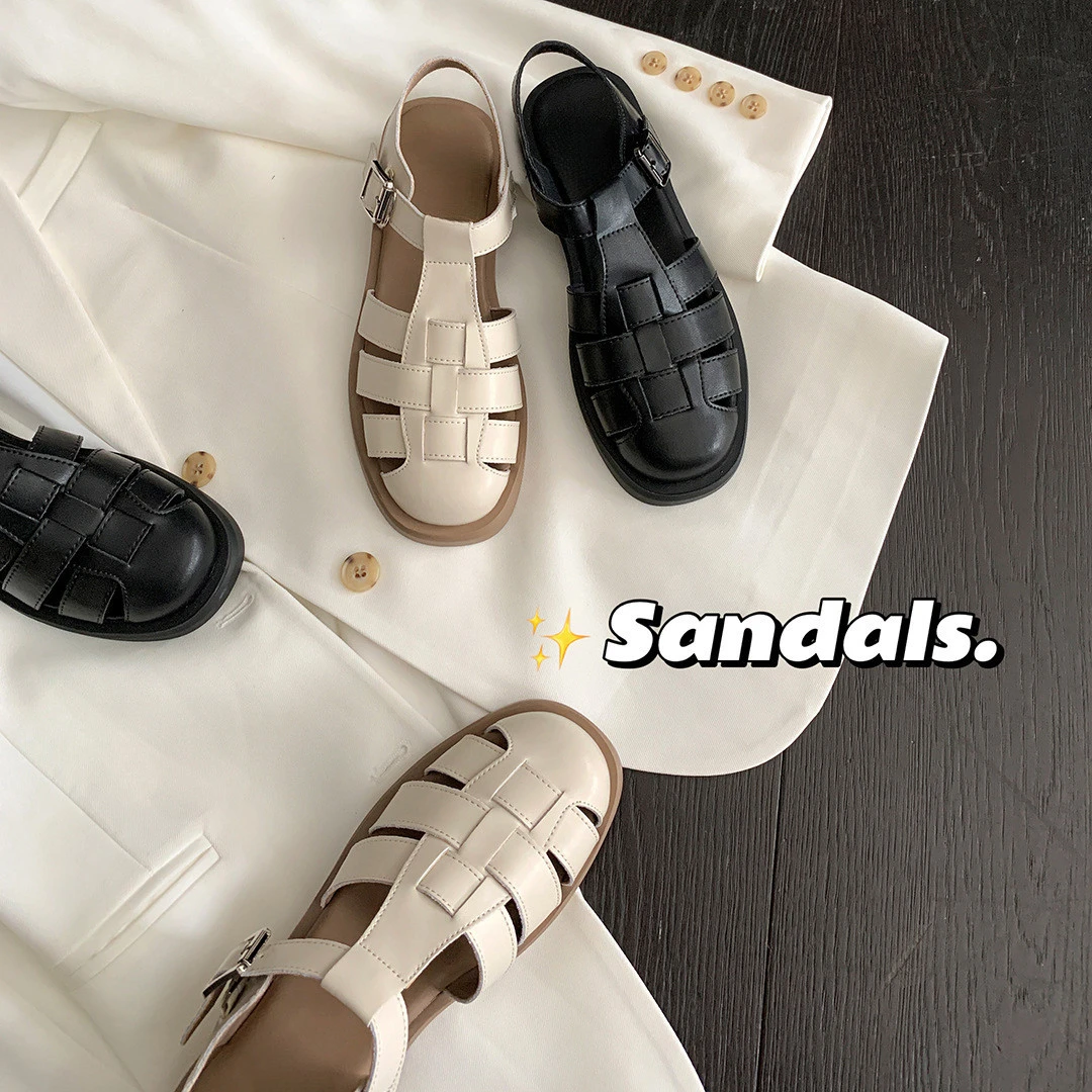 遮丑神器~休闲时尚编织镂空厚底罗马凉鞋夏季女鞋包头沙滩鞋女8