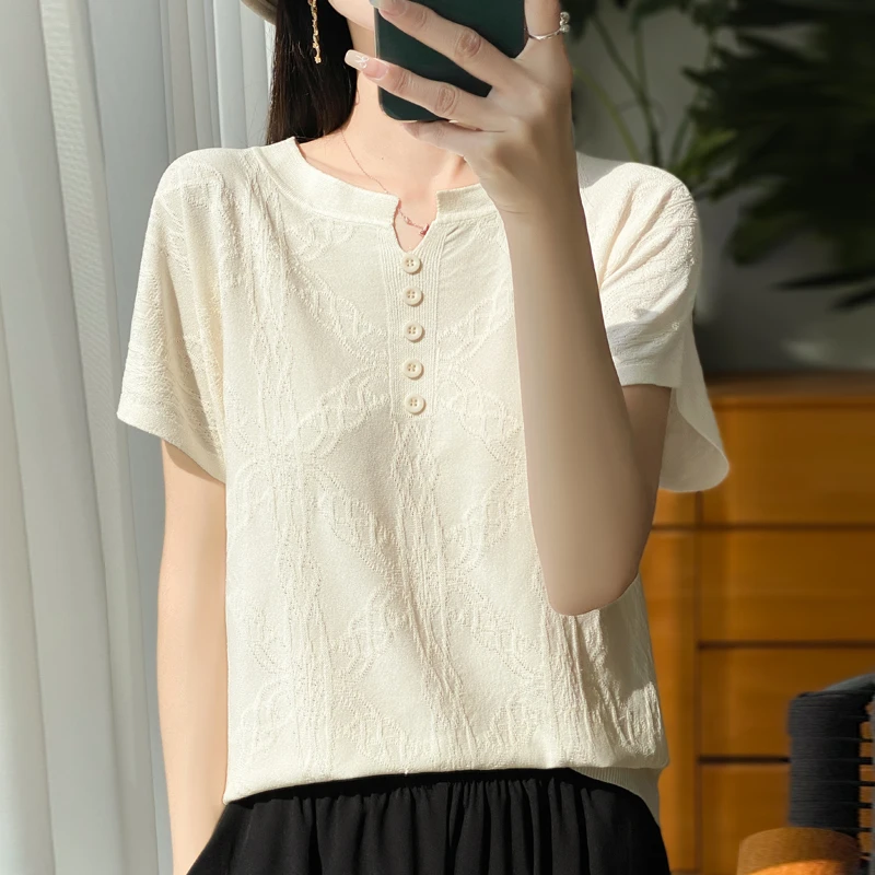 2025夏季新款套头冰丝提花短袖女针织衫透气宽松显瘦T恤洋气时尚