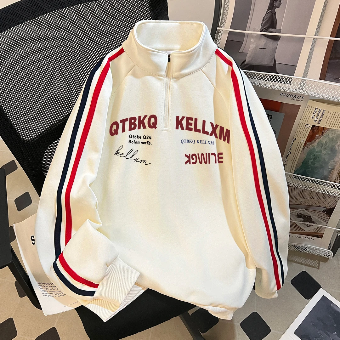 秋冬季男女童三条杠拉链立领卫衣美式英文字母印花潮牌中大童上衣