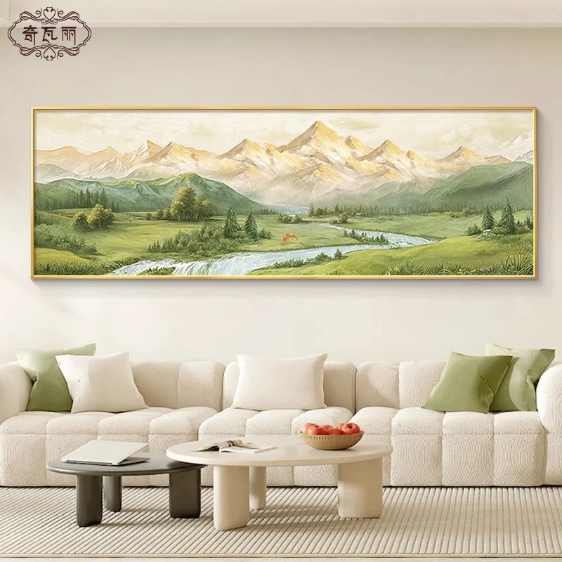 日照金山客厅装饰画横幅山水风景油画沙发背景墙挂画2025新款壁画