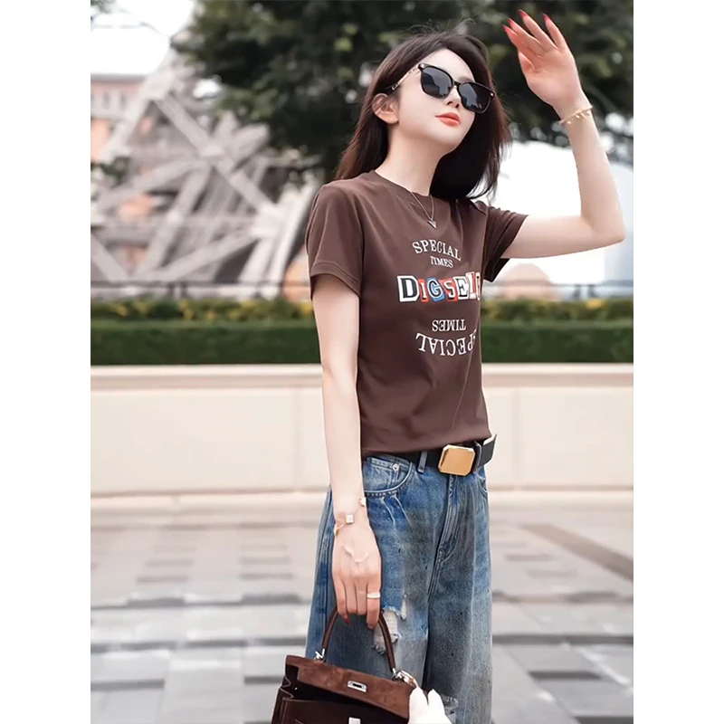 2025年夏季新款休闲时尚字母印花短袖T恤女简约百搭遮肉显瘦上衣