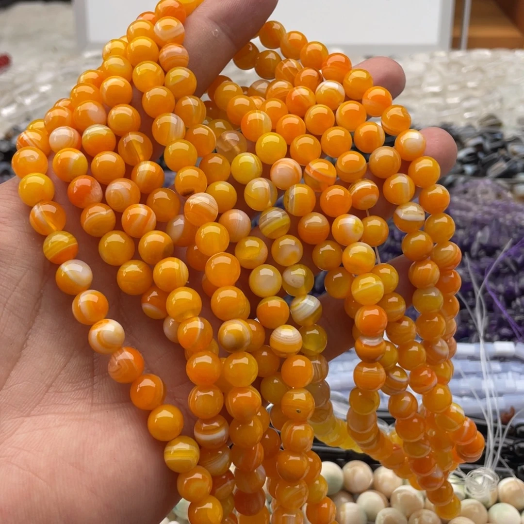 玛瑙/玉髓合金珠宝半成品一条装卡8mm蜜腊黄缠丝玛瑙圆珠