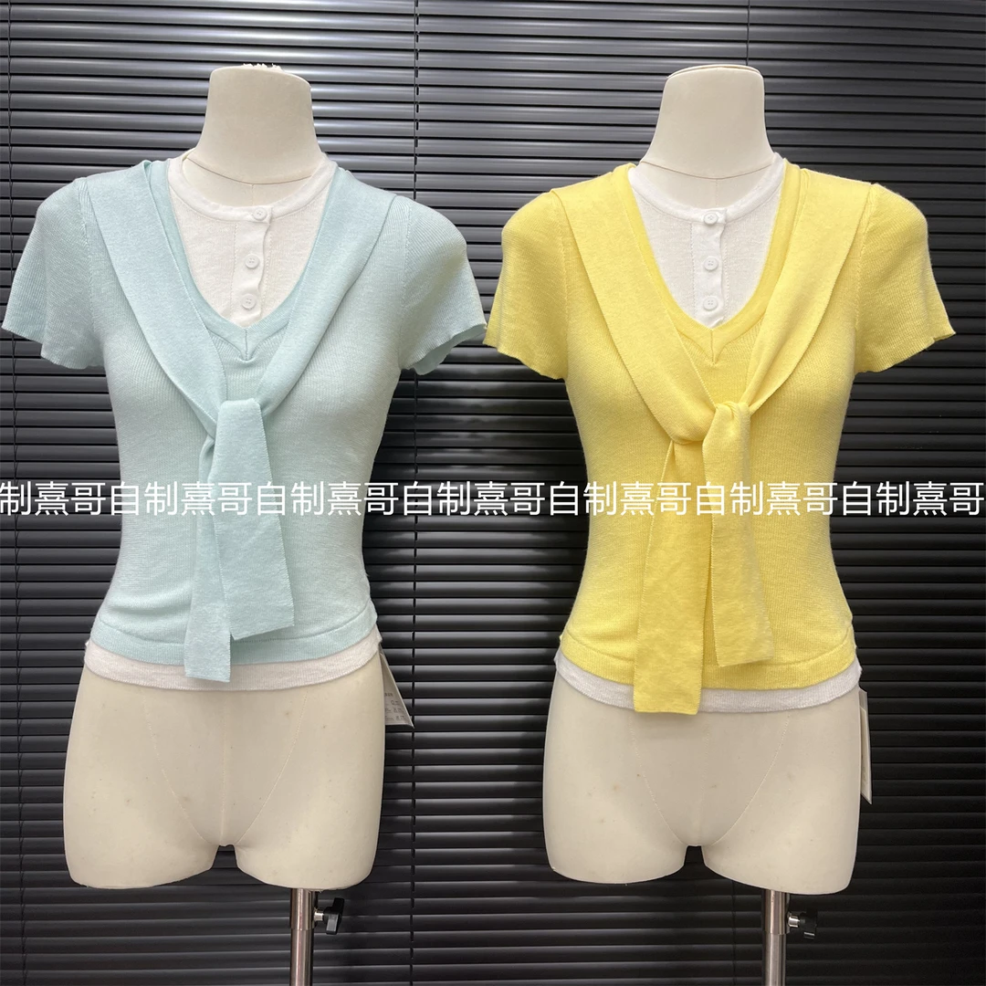 直播 韩系穿搭假两件披肩短袖上衣女夏季纯欲风辣妹绑带收腰t恤