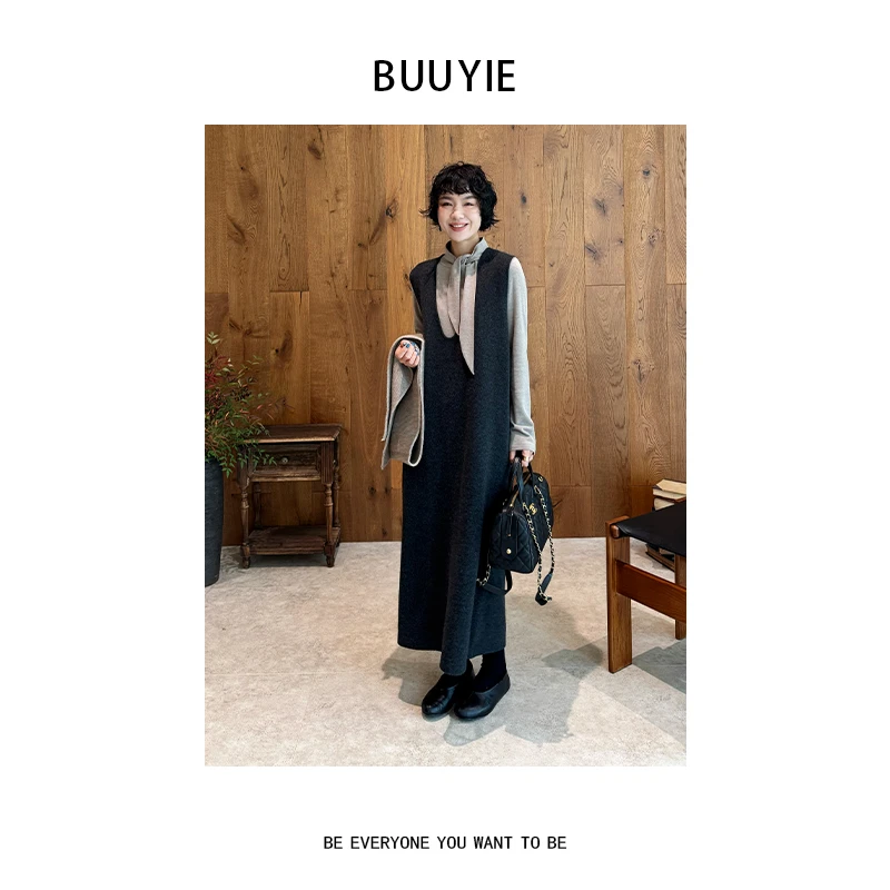 BUUYIE【菁钗】冬季绵羊毛无袖气质老钱极简显瘦连衣长裙女251374
