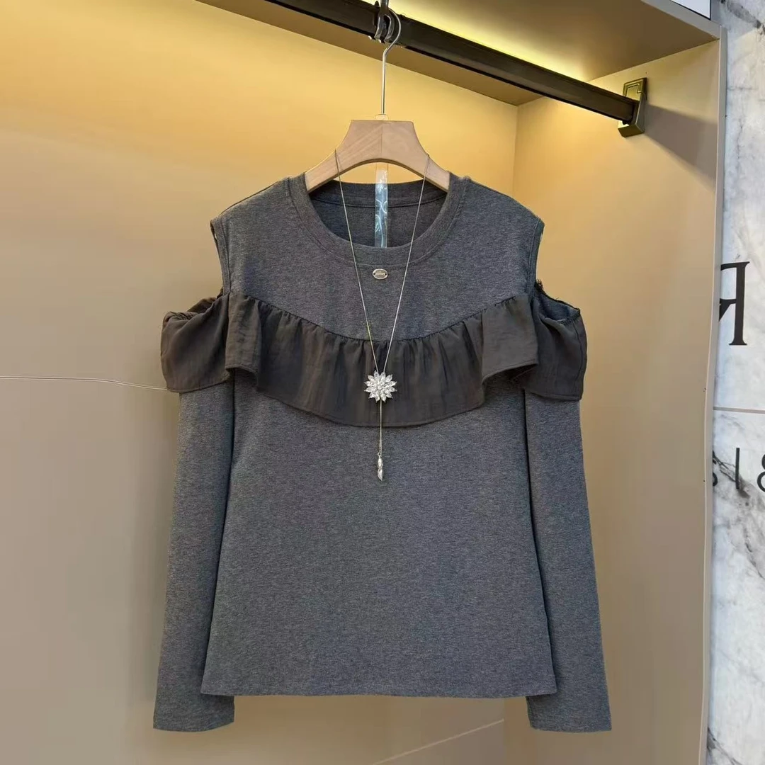 大码女装秋圆领木耳边高级感胖mm遮肚镂空别致独特小衫上衣9113