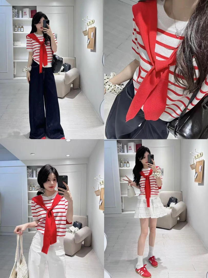 2025夏季新款百搭短袖设计感条纹带披肩针织衫短袖两件套H7-19