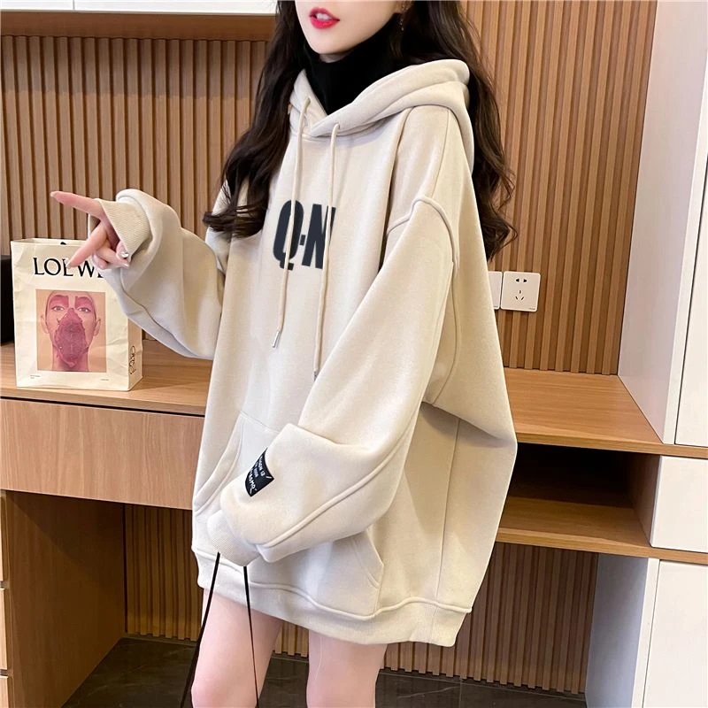 秋冬女装中长款连帽卫衣秋季百搭宽松大码ins慵懒风长袖印花上衣