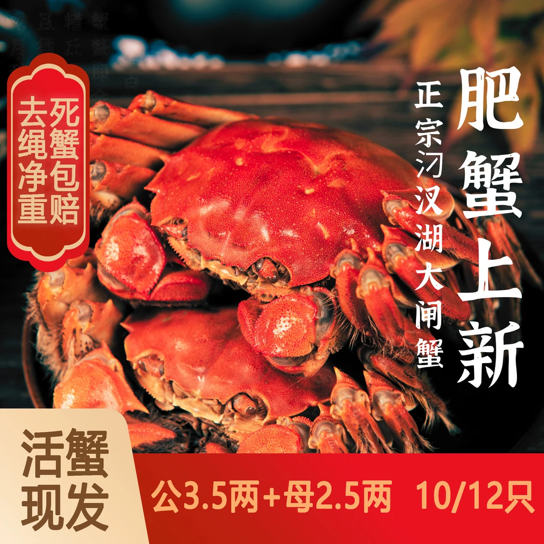 【3.5两公＋2.5两母蟹】汈汊湖大闸蟹10/12只装鲜活湖蟹
