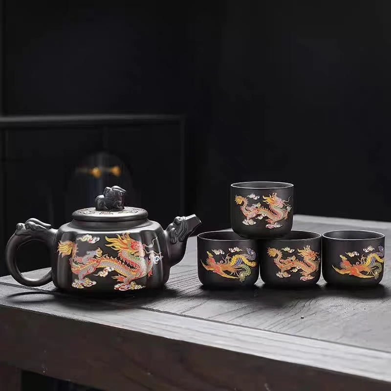 【大哥专用】遇热变色紫砂凤鸣壶出带凤鸣声龙凤呈祥大品（一壶四杯）