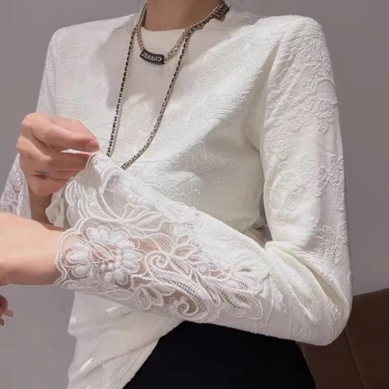 新中式黑白内搭上衣女春秋打底衫（蕾丝）拼接正肩国风长袖