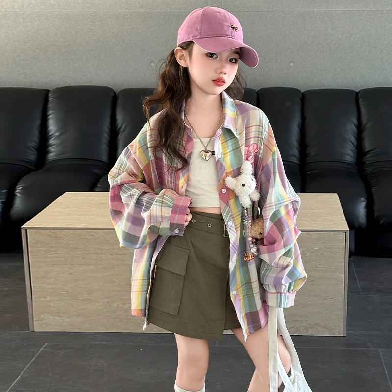 女童格子衬衣外套秋装2025新款洋气中大儿童衬衫上衣韩版休闲春秋