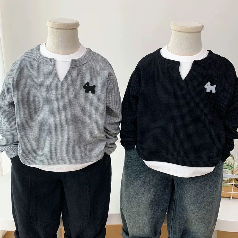 春秋季新款男童韩范宽松假两件长袖T恤中大童洋气刺绣上衣打底衫t