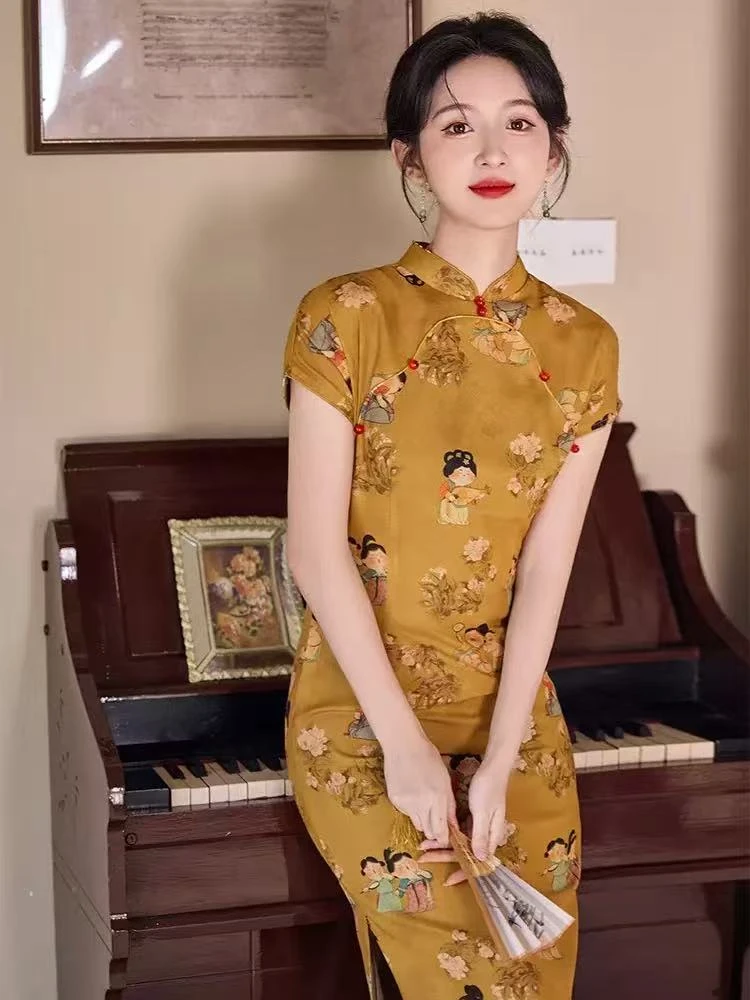 复古风长款送考黄色旗袍2025夏季新款改良新中式气质旗袍裙