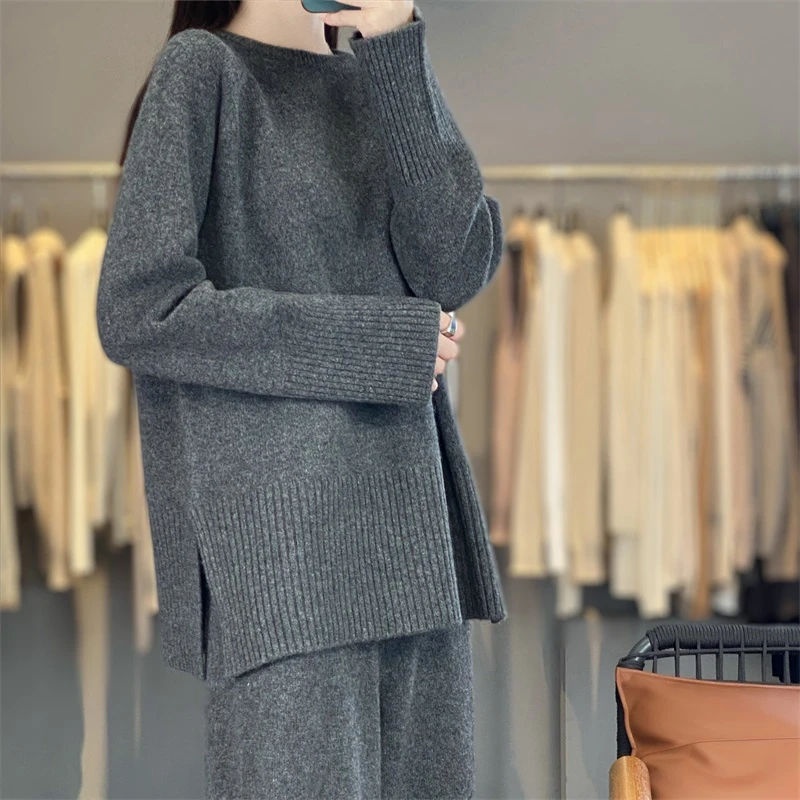 省心套装！100%纯羊毛圆领宽螺纹针织衫+阔腿裤两件套 宽松显瘦