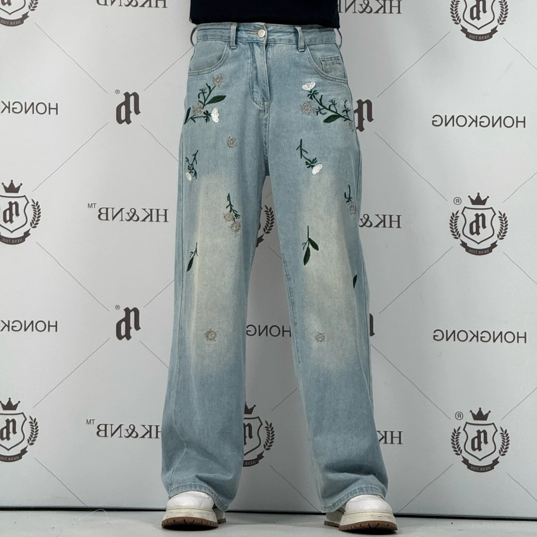 HK&NB x 艺术家系列 春夏花卉刺绣水洗渐变做旧复古微喇牛仔裤