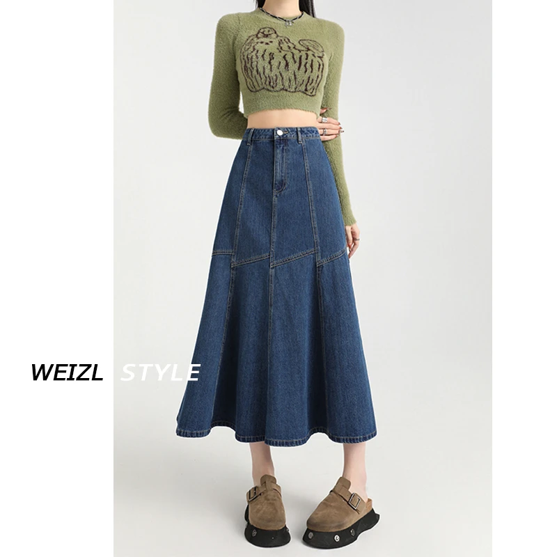 高腰牛仔裙女春夏2025新款拼接设计感小众中长款a字鱼尾半身裙子