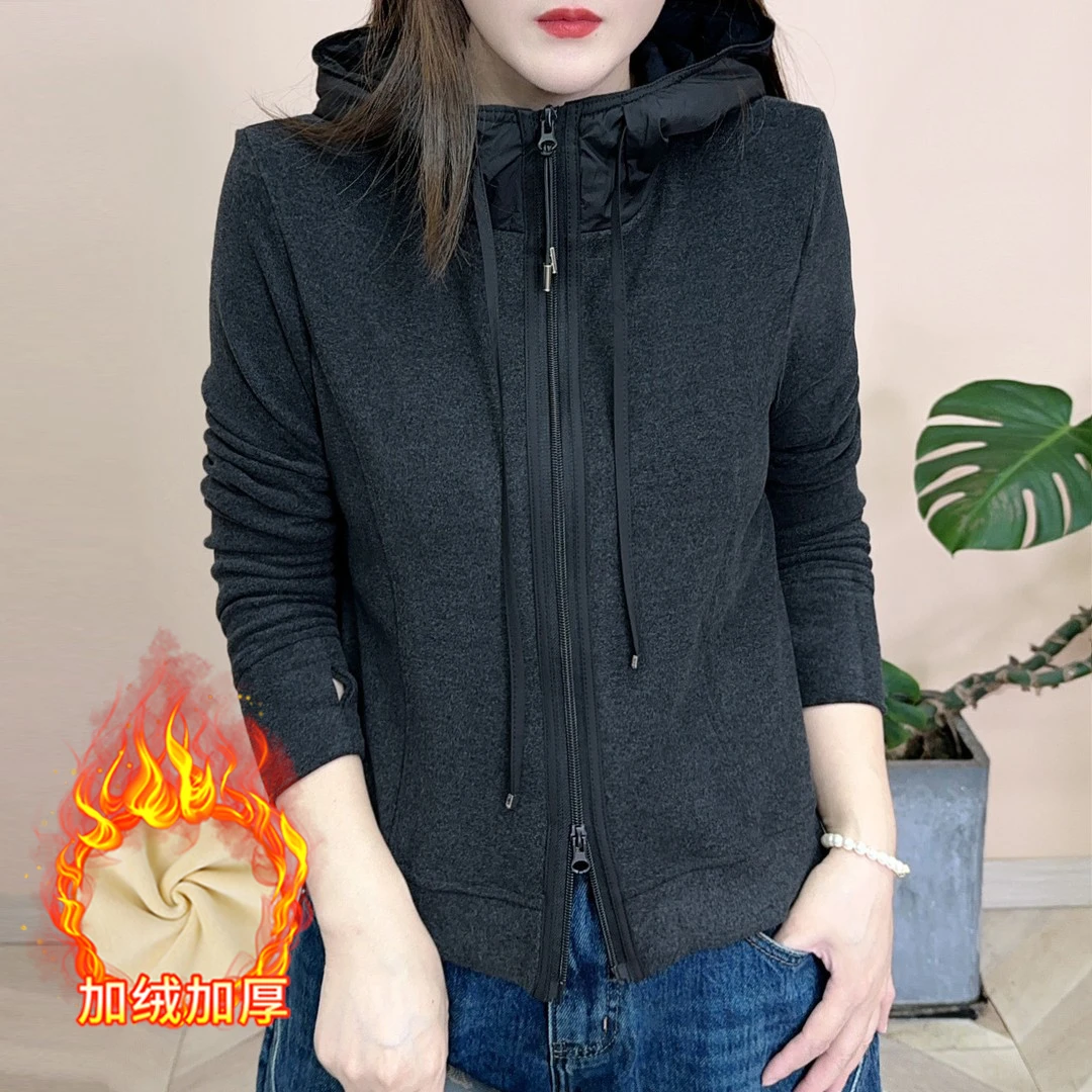 德绒加绒加厚连帽外套卫衣女2025冬季新款拉链设计感保暖显瘦上衣
