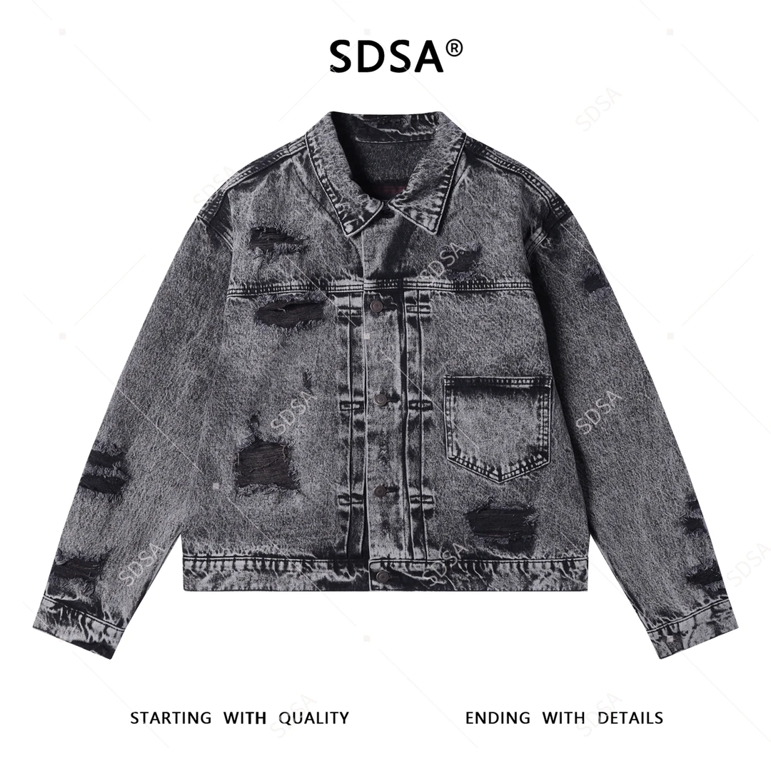SDSA男士秋冬新款痞帅男装美式做旧磨破翻领纽扣夹克百搭宽松外套
