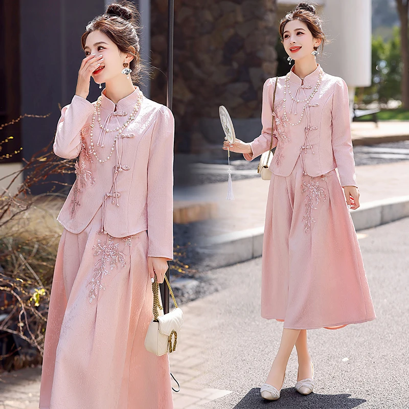 显瘦搭配精致修身长袖时尚店铺2025年秋季新款新中式盘扣女装套装