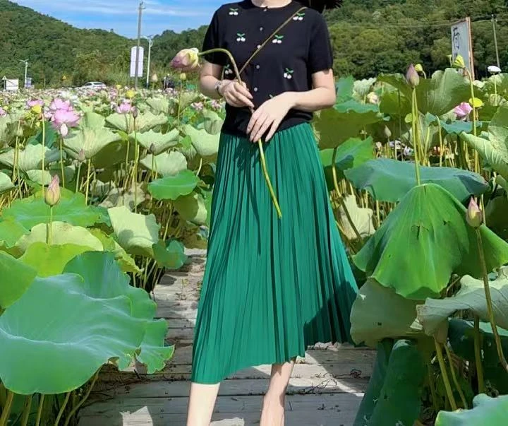 显瘦高腰风琴百褶裙女纯色百搭中长裙601