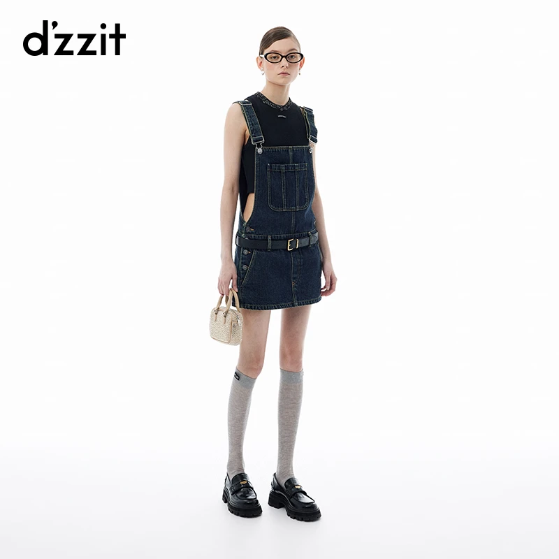 dzzit地素牛仔背带裙裤摩登时髦低腰棉质短裤女附皮带3I3R004