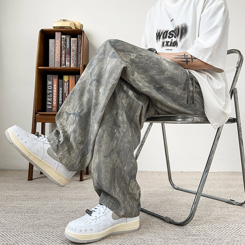 大口袋休闲裤直筒花纹美式复古高街设计感宽松潮流嘻哈扎染长裤子