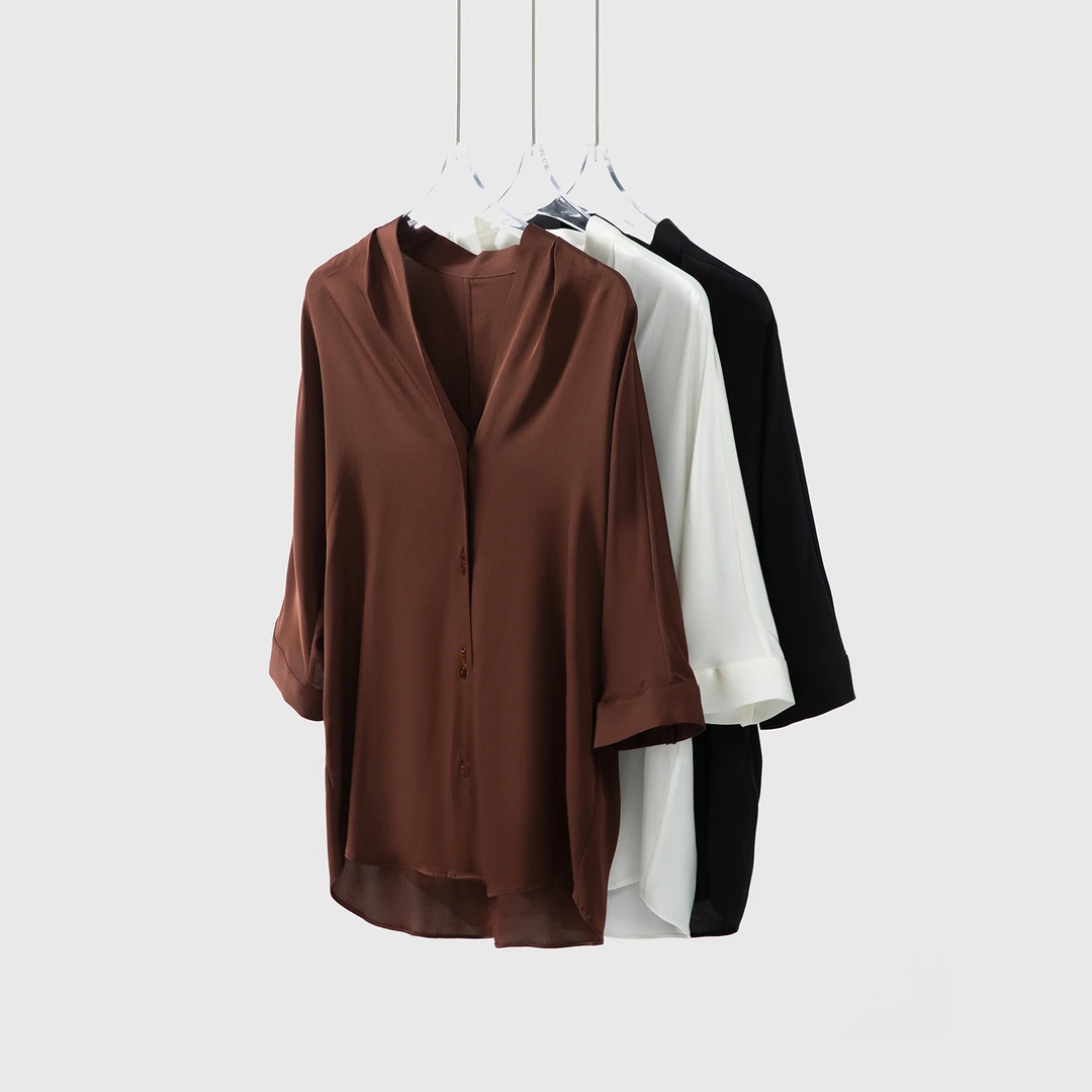 中袖真丝双乔衬衫100桑蚕丝V领设计感扣子上衣轻熟衬衫CS52009