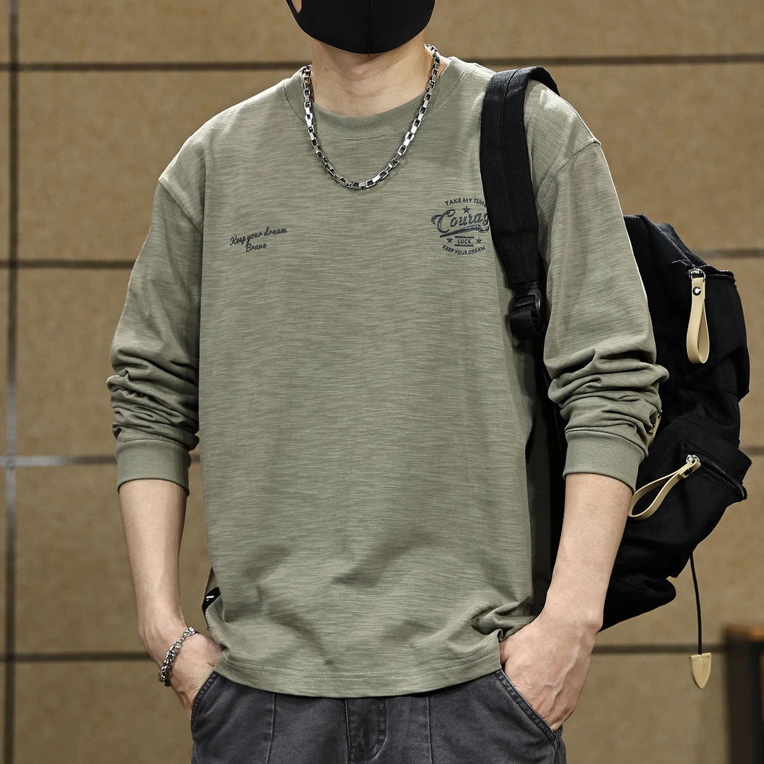 高级感竹节棉长袖t恤男秋季新款潮流百搭纯棉内搭打底衫圆领大码T